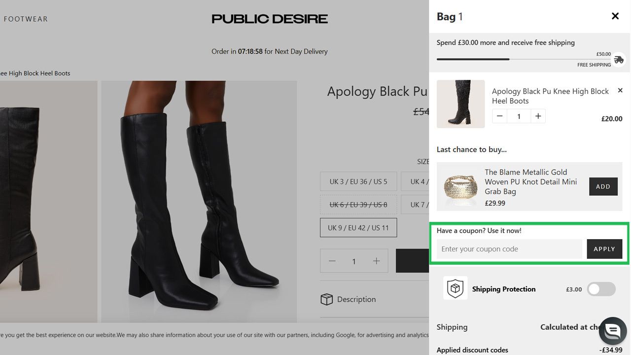 A shopping cart pop-up with a highlighted field to enter a coupon code.