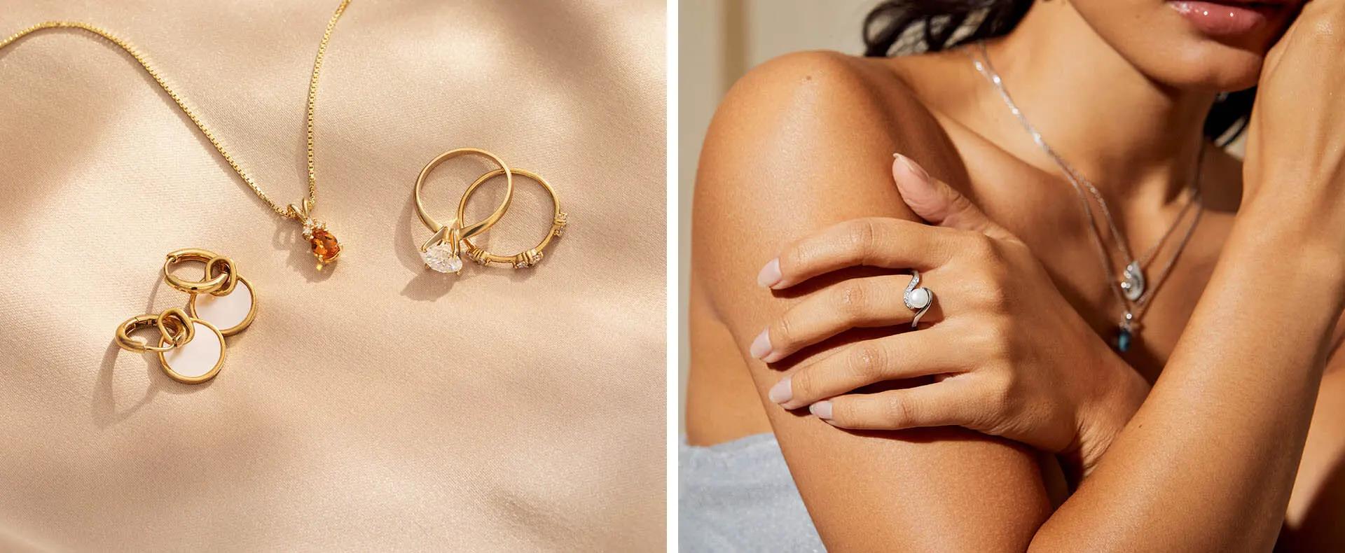 Gold jewelry on a cream surface on the left, and a person wearing a pearl ring and silver necklaces on the right.