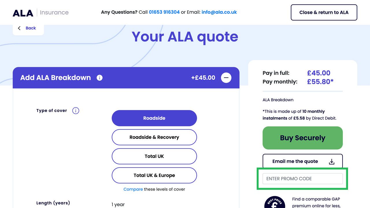 A web page displaying an ALA Insurance quote for breakdown cover, showing 'Roadside' selected for £45, payment options, and an 'Enter promo code' field.
