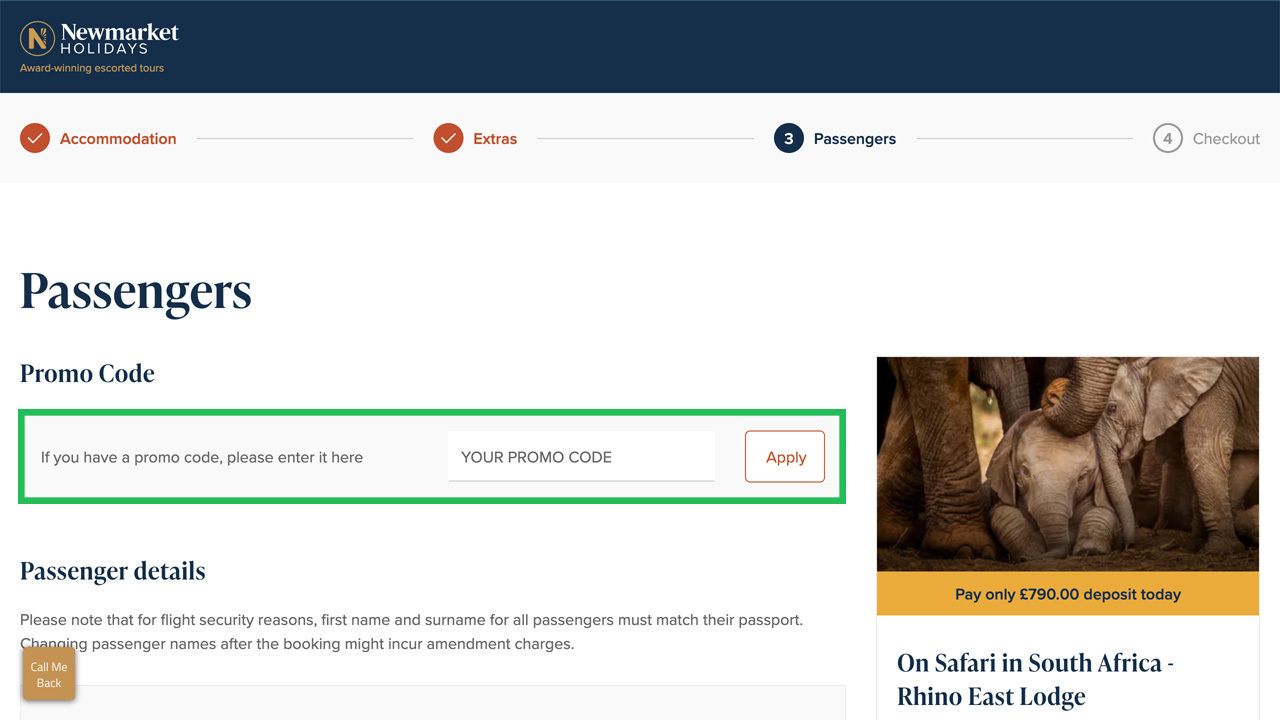 Web page showing Newmarket Holidays 'Passengers' section with a highlighted promo code input field and an advertisement for an African safari.