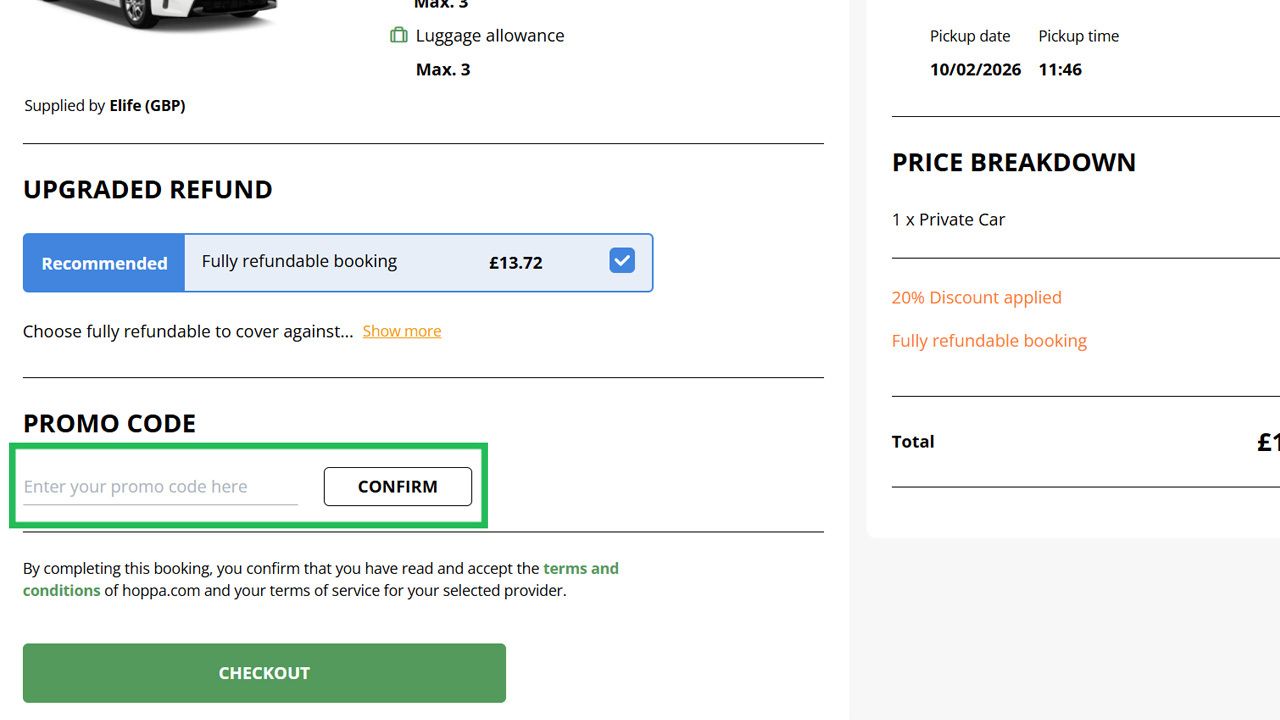 Online booking form with a highlighted promo code input field and confirm button.