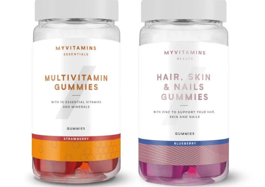 Two bottles of Myvitamins gummies: strawberry Multivitamin and blueberry Hair, Skin & Nails.