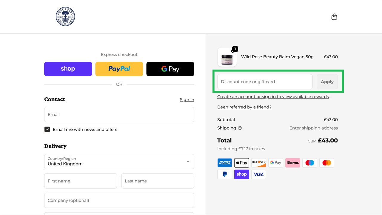 Online checkout page showing contact and delivery details, an order summary, and a highlighted 'Discount code or gift card' field.