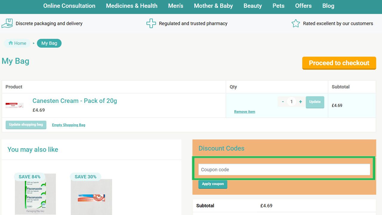 A shopping cart page with a highlighted coupon code entry field.