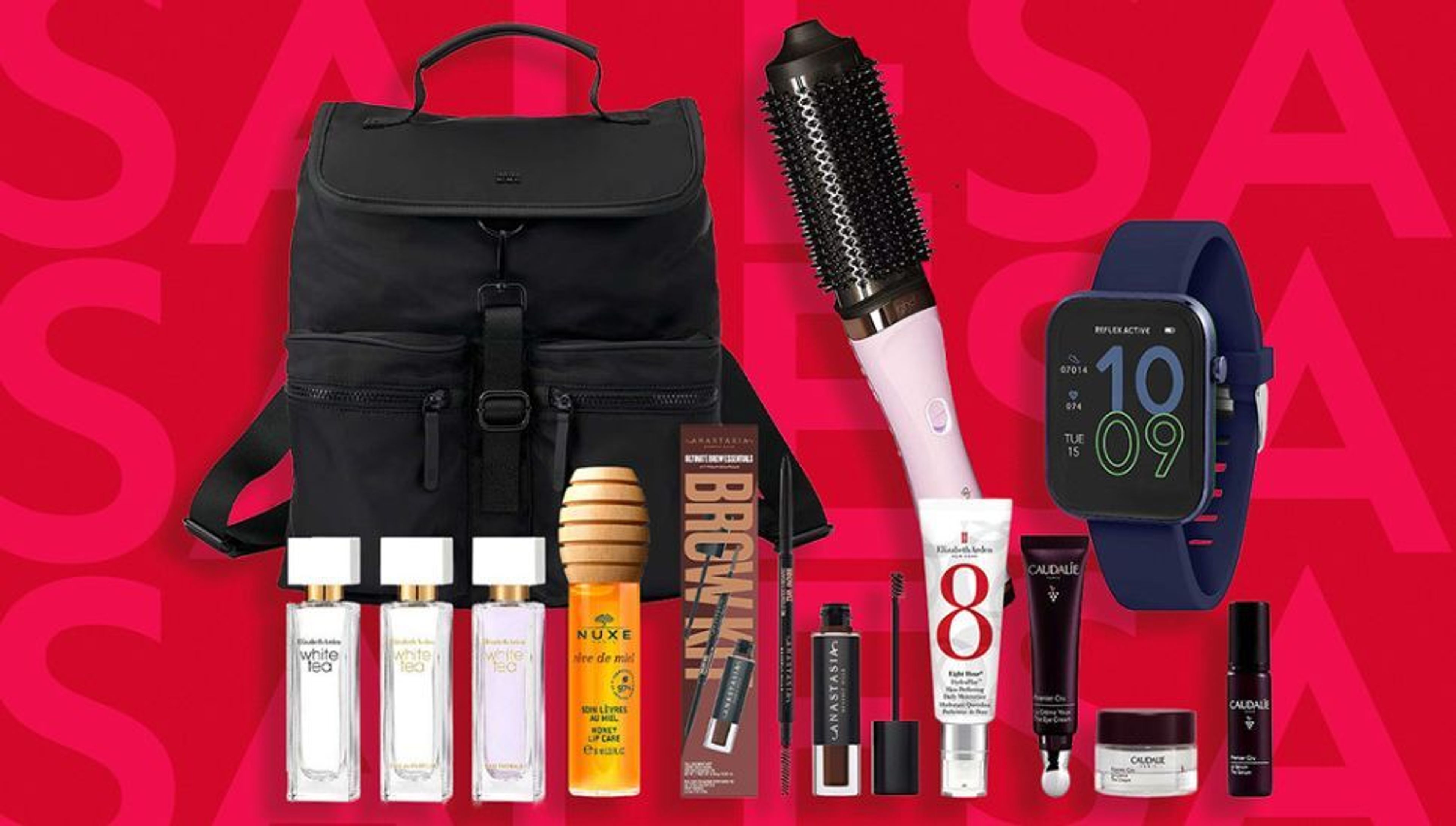Assortment of beauty products, a black backpack, a hair dryer brush, and a smartwatch on a red "SALE" background.