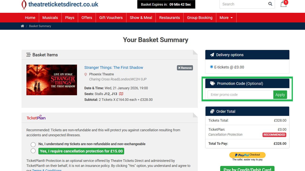 Screenshot of a ticketing website's basket summary page with a green highlight around the "Promotion Code (Optional)" input field.