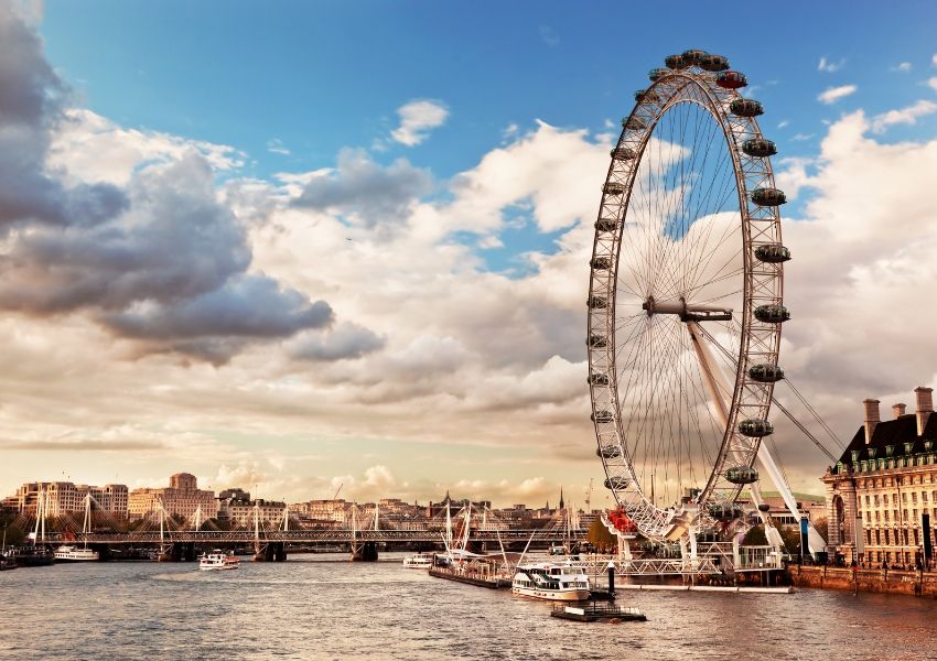 The London Eye overlooks the Thames River with a city skyline and bridge under a cloudy sky.