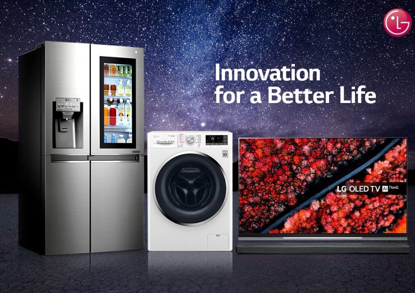 LG refrigerator, washing machine, and OLED TV under a starry sky with "Innovation for a Better Life" text.
