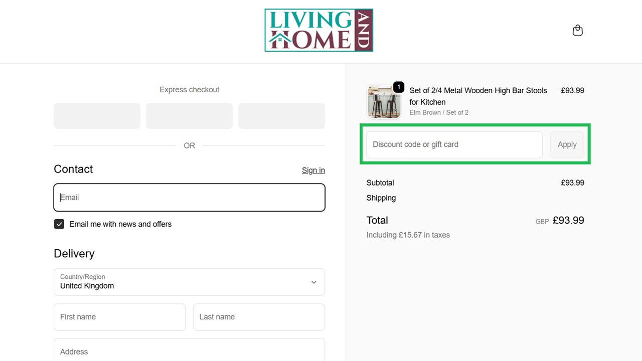 E-commerce checkout page for Living Home & And, showing order details for bar stools, customer input fields, and a highlighted 'Discount code or gift card' field.