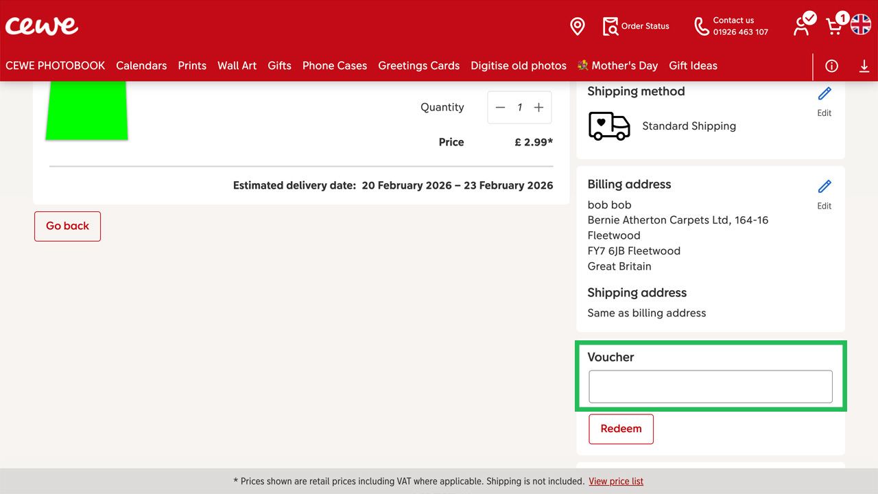 CEWE checkout page with product, delivery, billing, and a green-highlighted voucher input field.