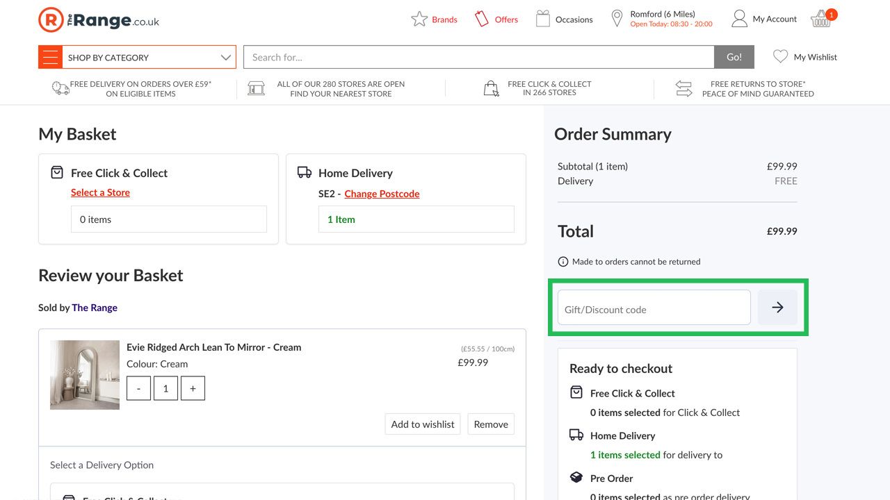 Gift/Discount code input field highlighted on The Range's shopping basket page.