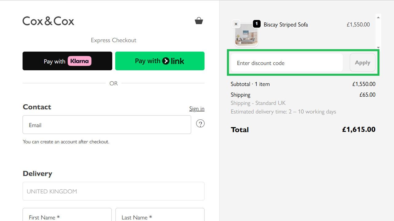 Checkout page for Cox & Cox, showing an order summary for a Biscay Striped Sofa and a highlighted field to enter a discount code.