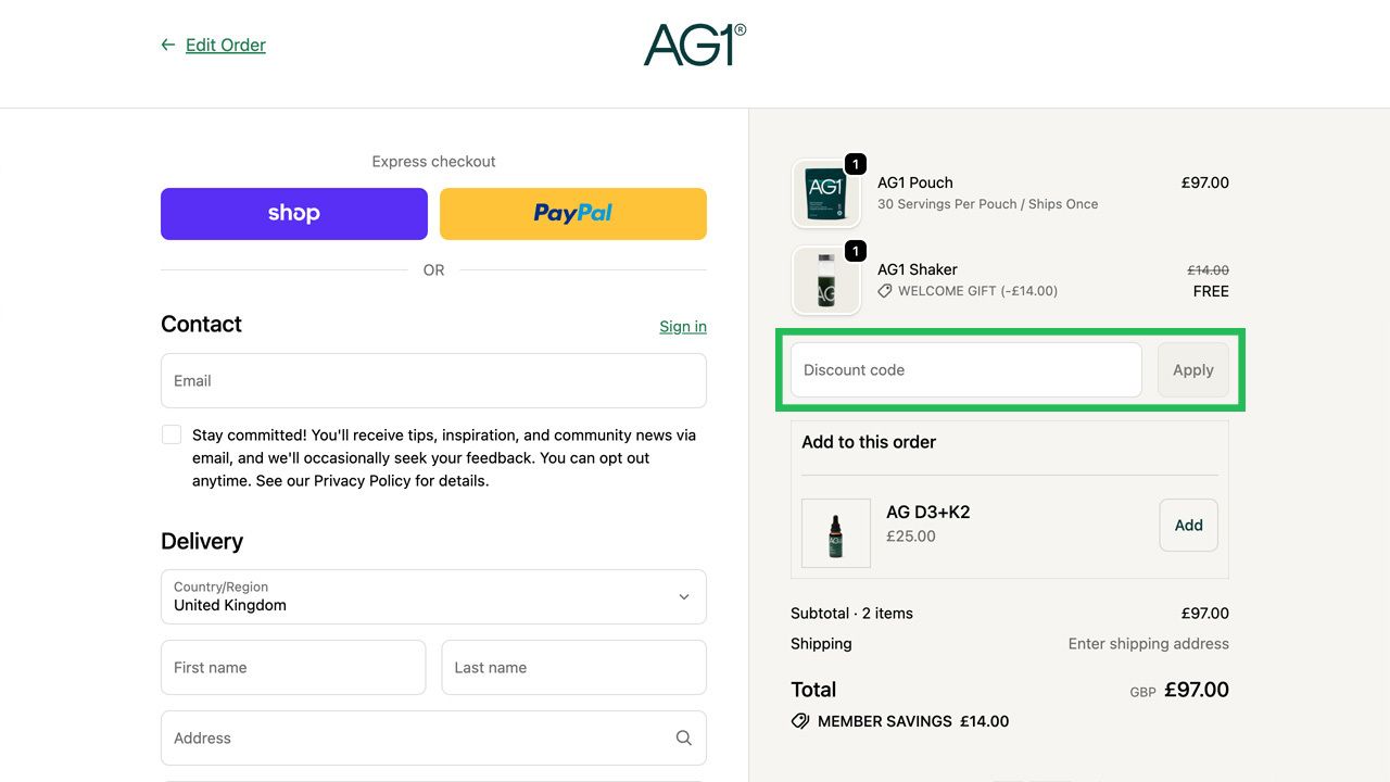 AG1 checkout page with a green highlight around the "Discount code" input field and "Apply" button.