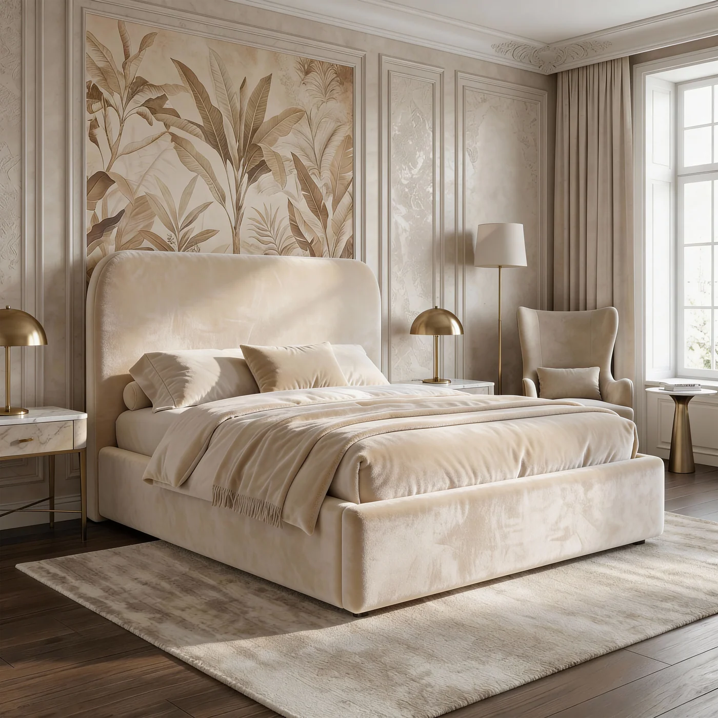 An elegant bedroom featuring a beige velvet bed, tropical leaf mural, brass lamps, and warm neutral decor.