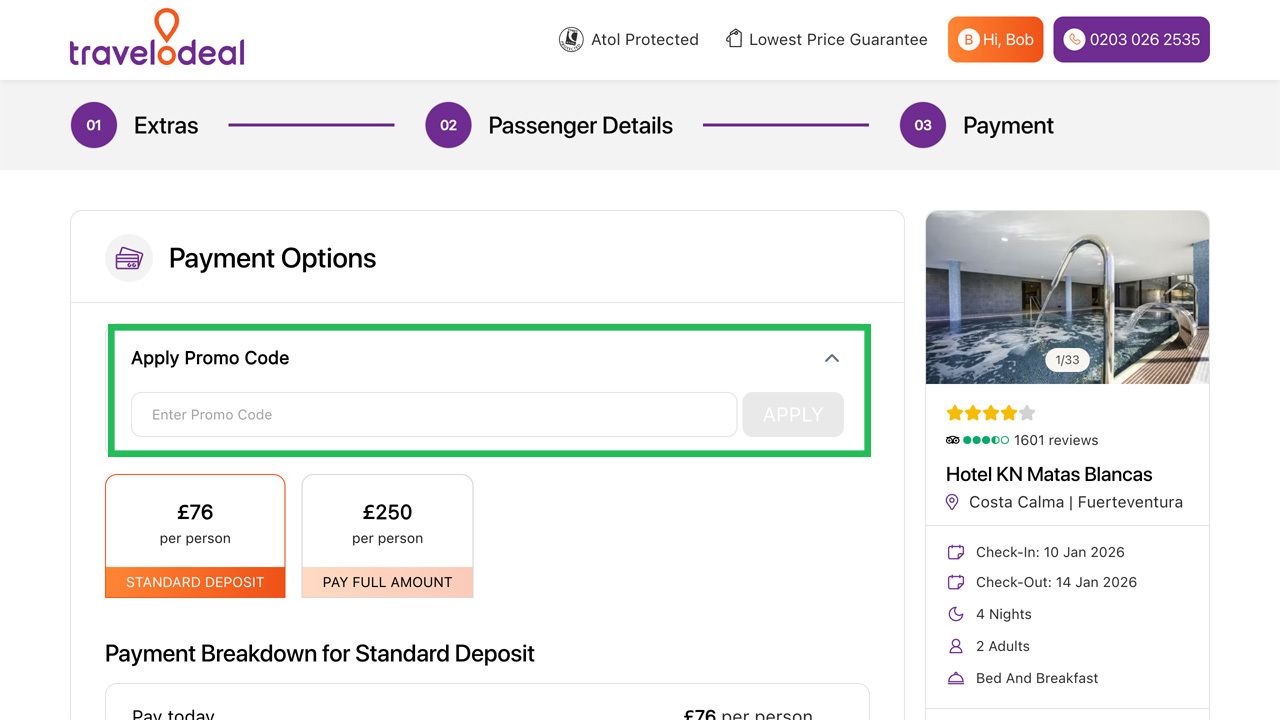 Travelodeal website's payment options showing a highlighted 'Apply Promo Code' input field.