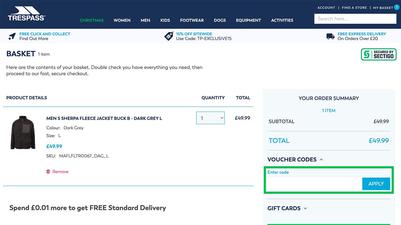 Where to enter your Trespass discount code