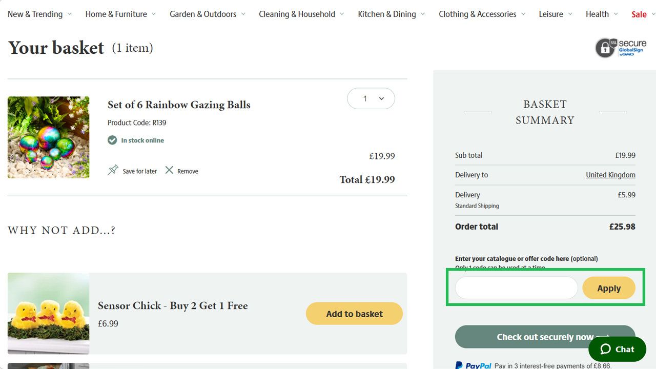 E-commerce shopping basket page showing one item, a total of £25.98, and a highlighted input field for an offer code.