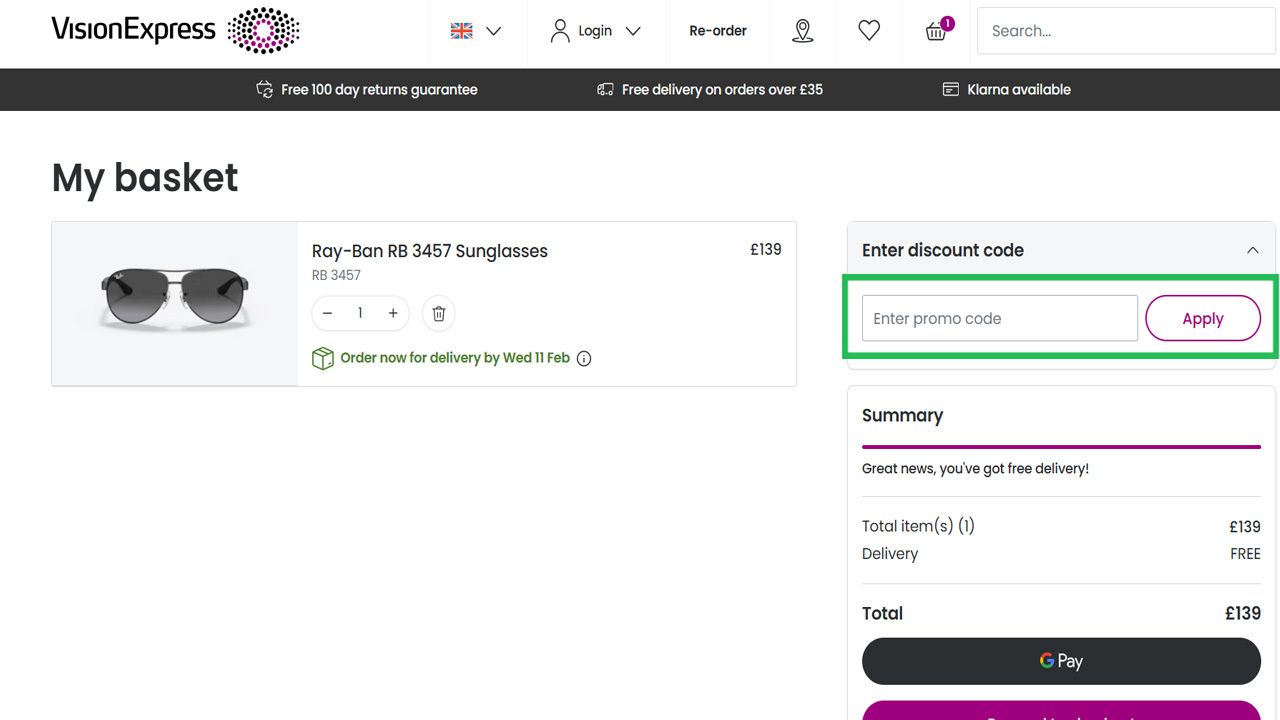 VisionExpress shopping cart showing Ray-Ban RB 3457 Sunglasses for £139, with a highlighted promo code entry field.
