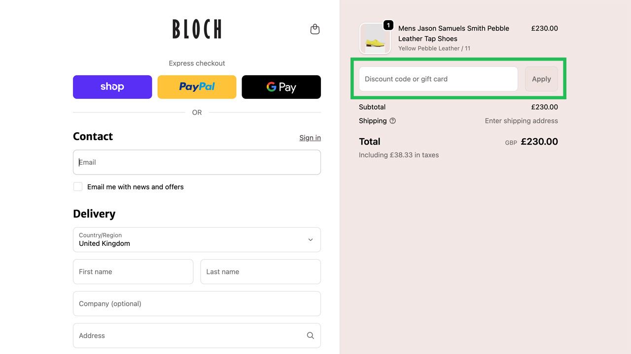 Bloch e-commerce checkout page showing tap shoes in the cart and a highlighted discount code input field.