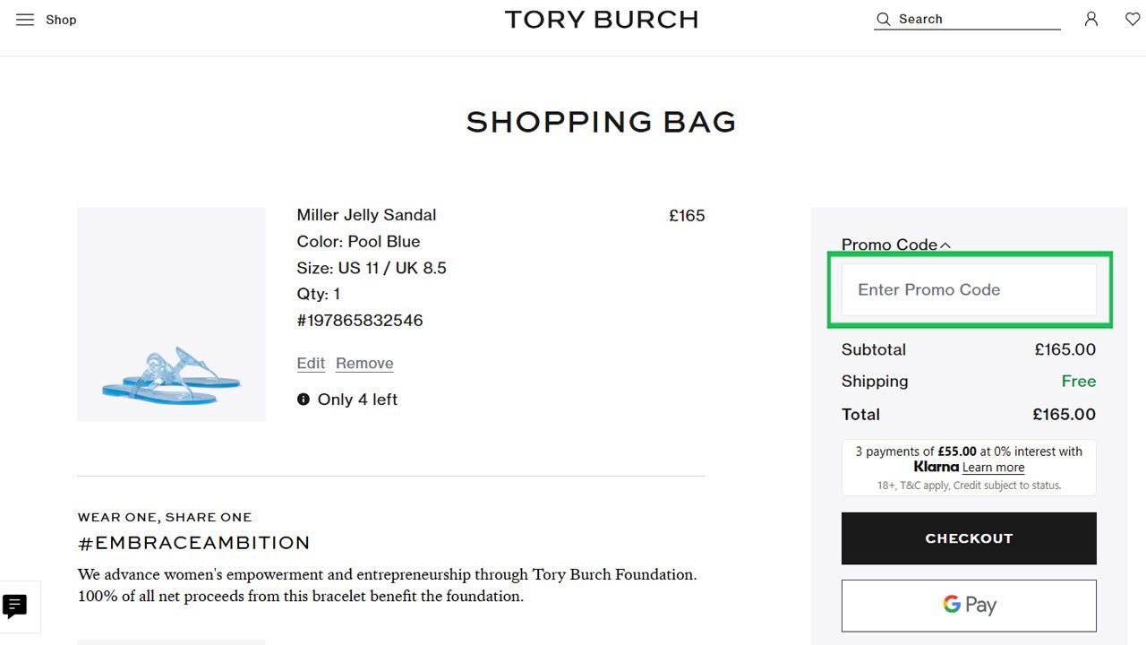 Tory Burch shopping bag page showing a pair of blue Miller Jelly Sandals, a highlighted "Enter Promo Code" field, and a total of £165.