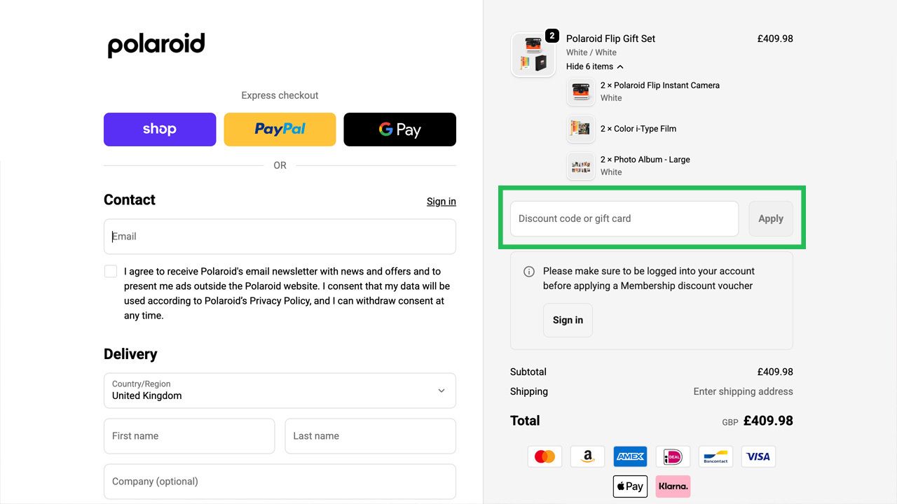 E-commerce checkout page for Polaroid showing contact and delivery details, express checkout options, order summary with a discount code input field, and a total of £409.98.