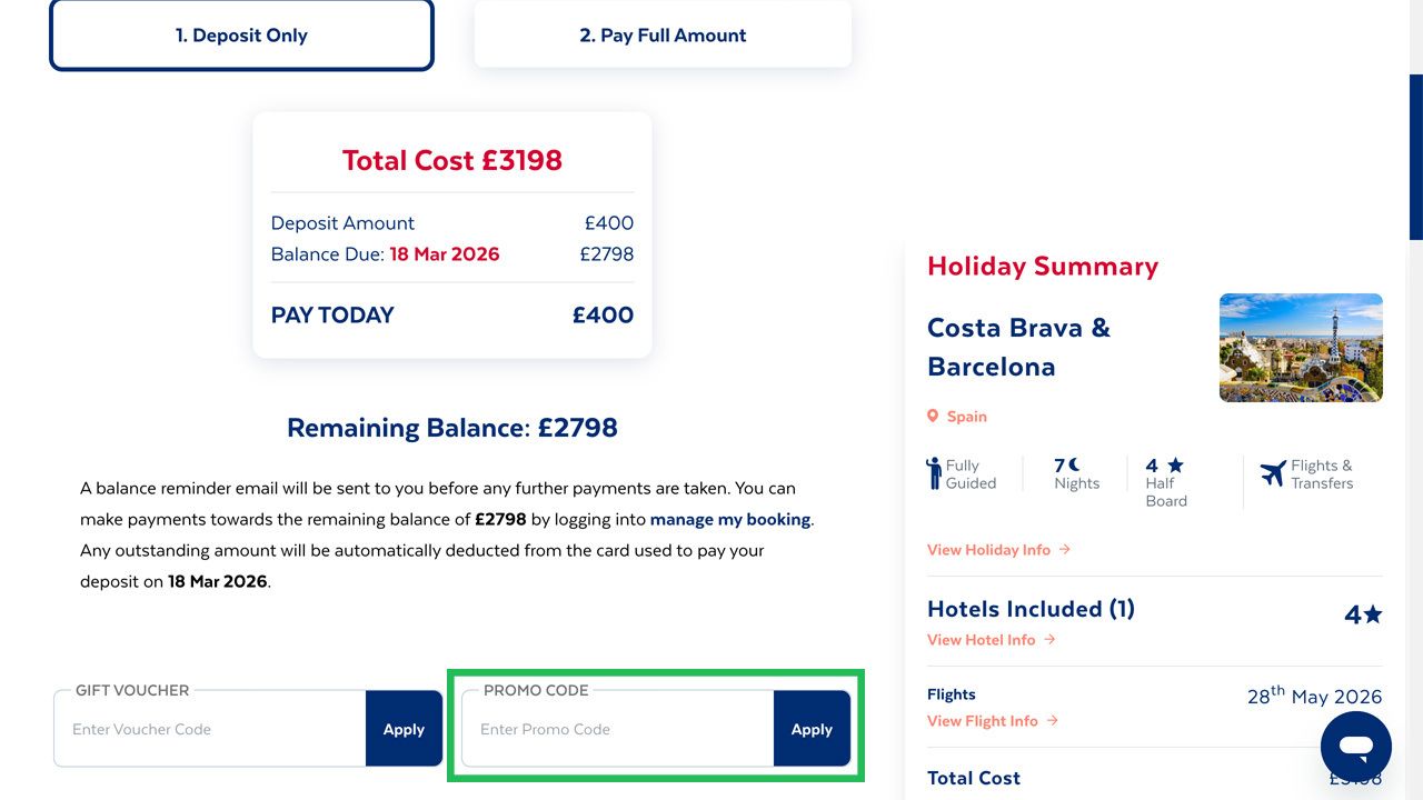 Holiday booking page showing payment details, holiday summary, and a highlighted 'Promo Code' input field.