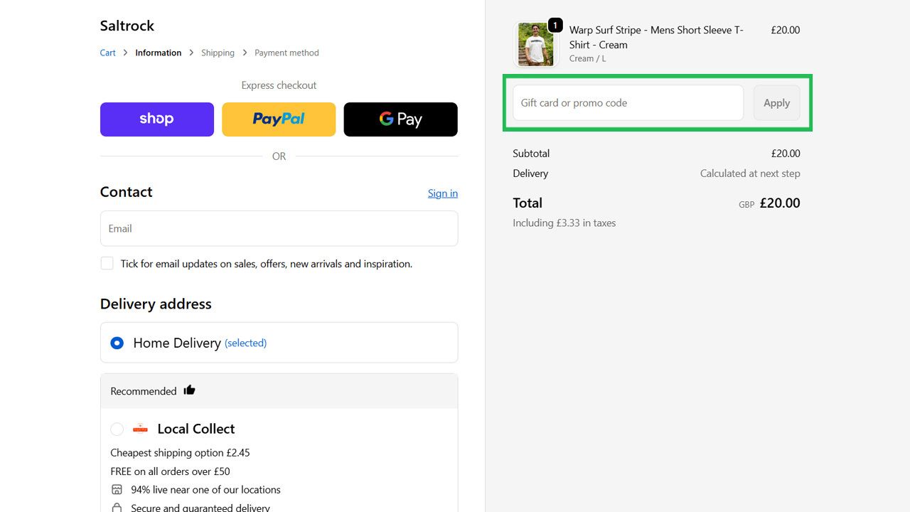 Saltrock checkout page showing a highlighted "Gift card or promo code" input box.