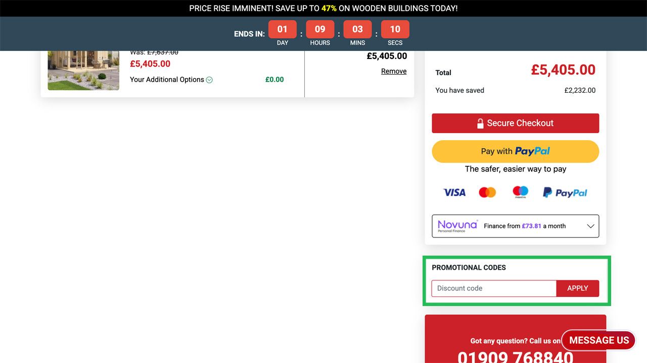 E-commerce checkout page for a wooden building, displaying a total price of £5,405, payment options, and a promotional code input.