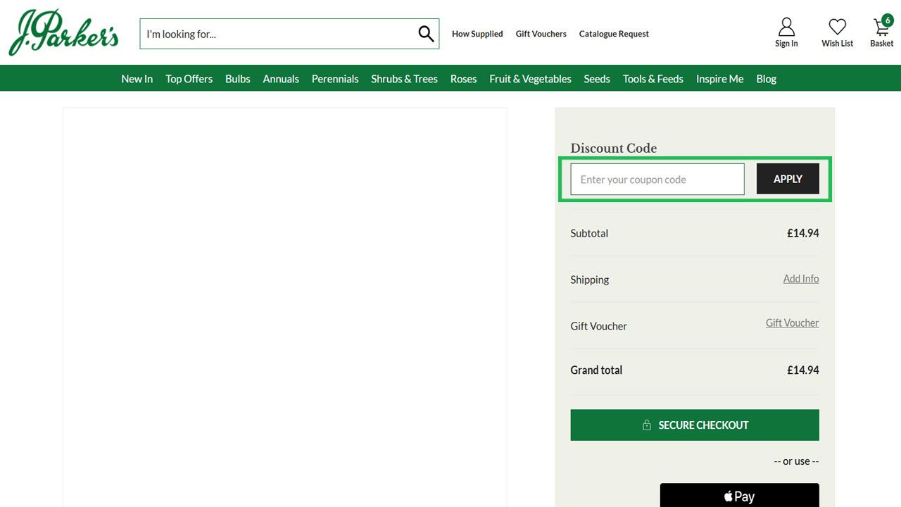 Screenshot of a J. Parker's checkout page showing a highlighted "Discount Code" input field and "APPLY" button.