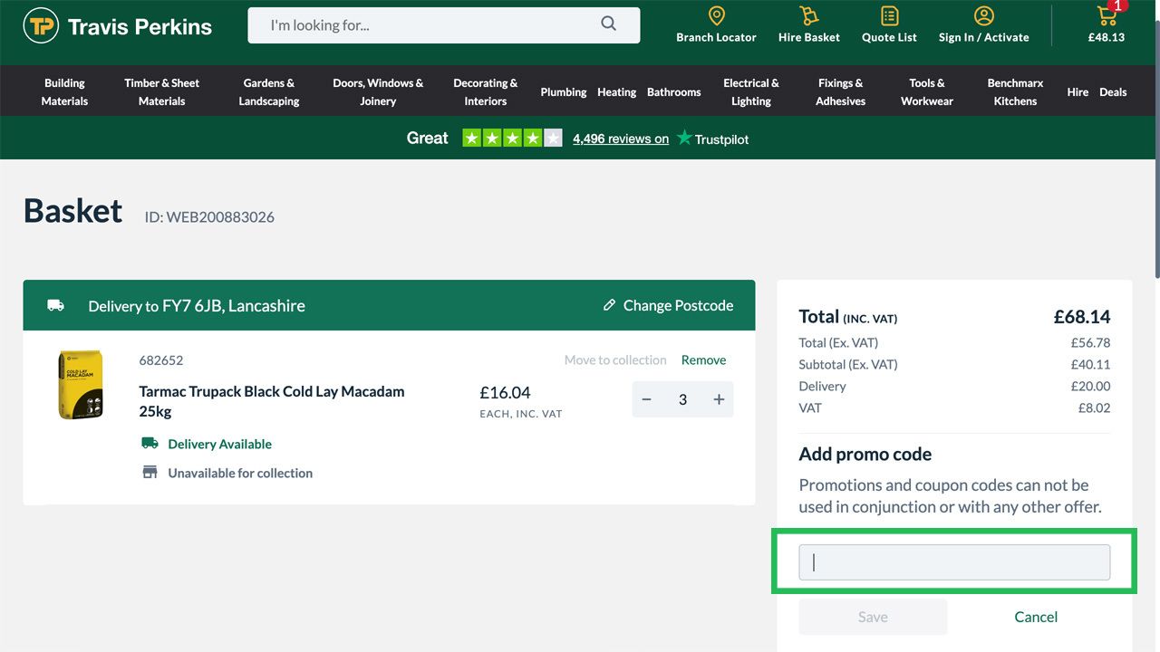 A Travis Perkins e-commerce basket page with a single item, "Tarmac Trupac Black Cold Lay Macadam 25kg," for £16.04 each, a total of £68.14, and an empty promo code field highlighted in green.
