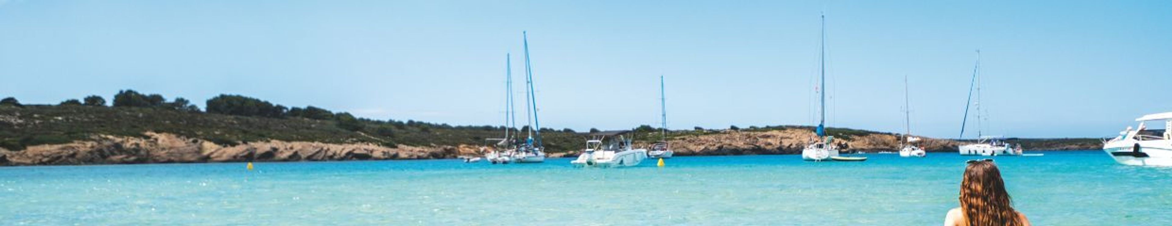 A person's back overlooks a sunny turquoise bay filled with sailboats and a green coastline.