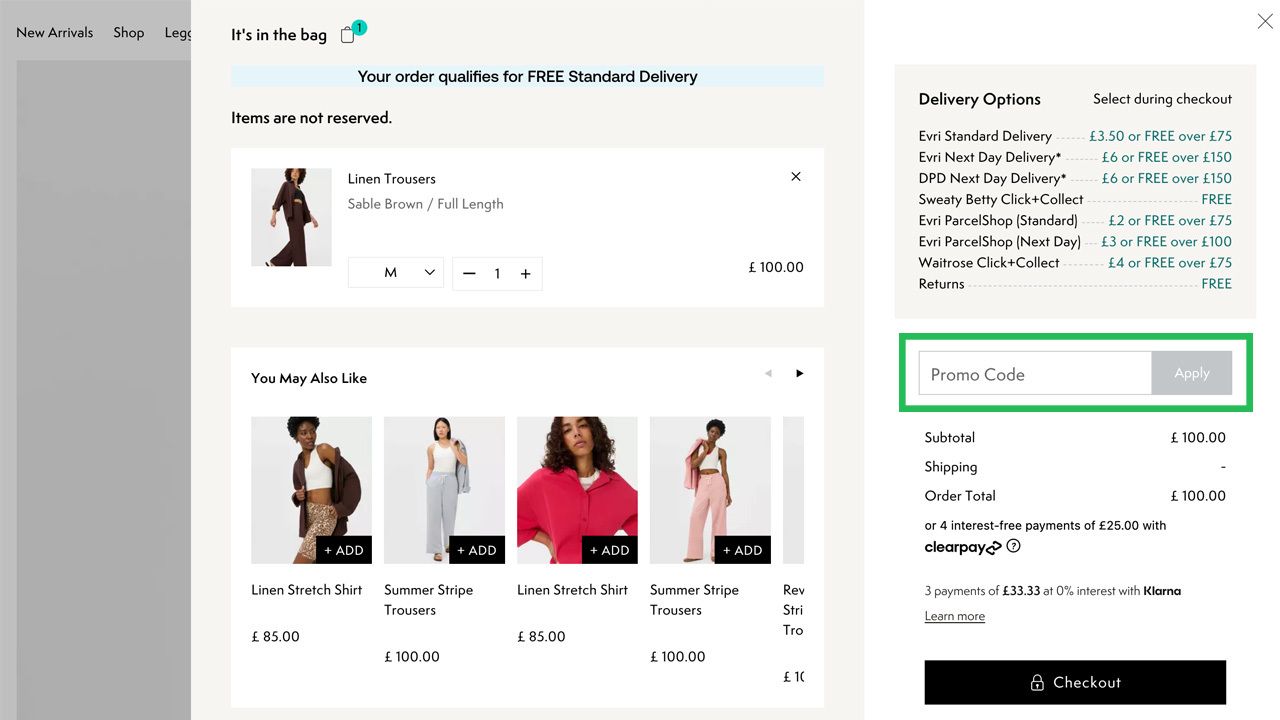 An e-commerce shopping cart page showing a clothing item, delivery options, a promo code input, and order summary.