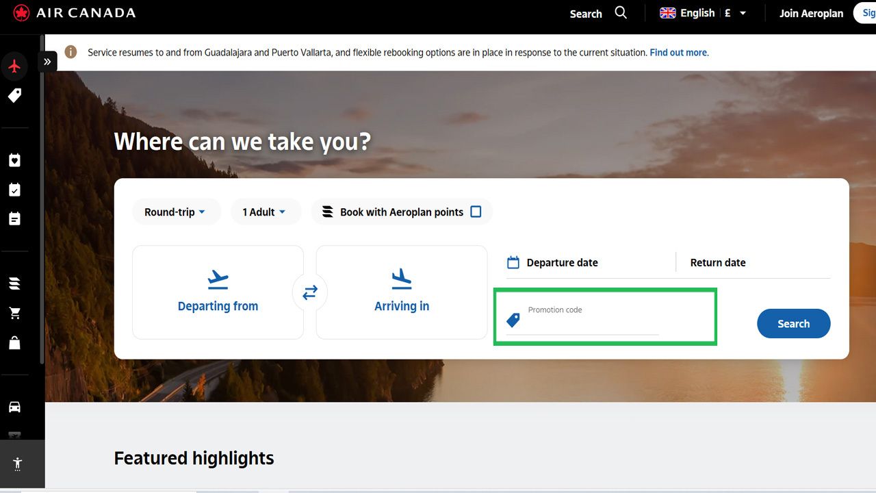 Air Canada flight search form with the promotion code field highlighted.