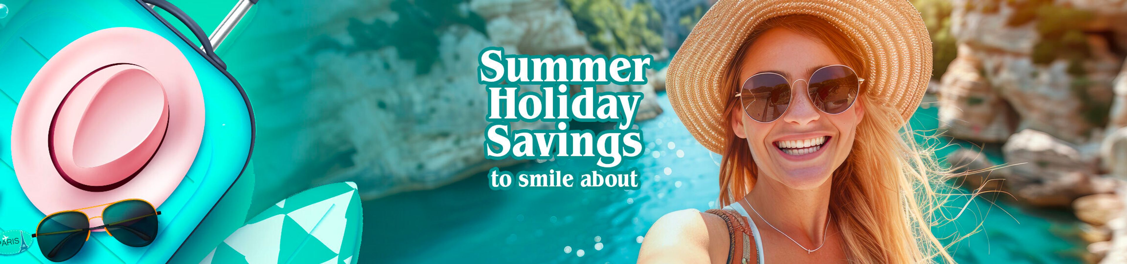 Summer Holiday Savings banner with a smiling woman in a hat and sunglasses, beach items, and turquoise water.