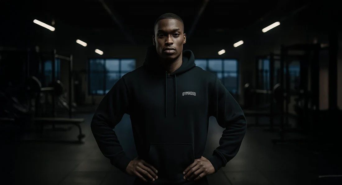 A man wearing a black GYMHOOD hoodie stands with hands on hips in a gym.
