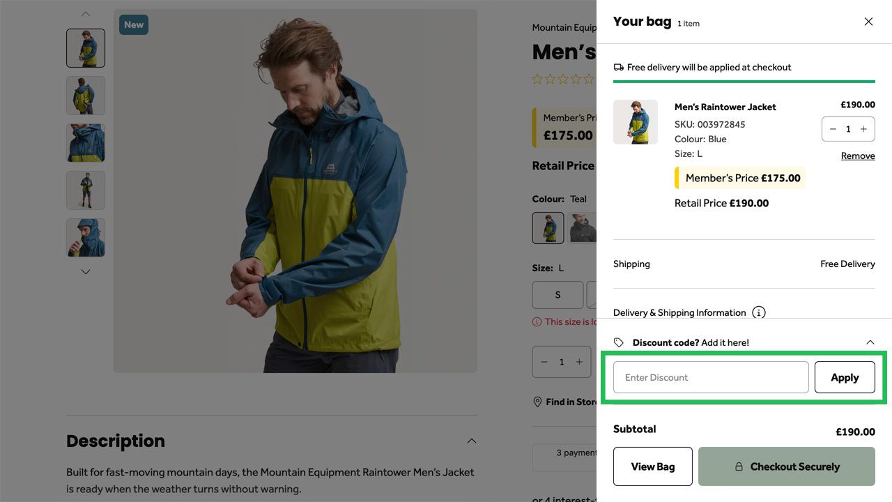 Online shopping page displaying a man in a yellow and blue jacket, with a checkout pop-up showing the item in the bag and a highlighted discount code entry field.
