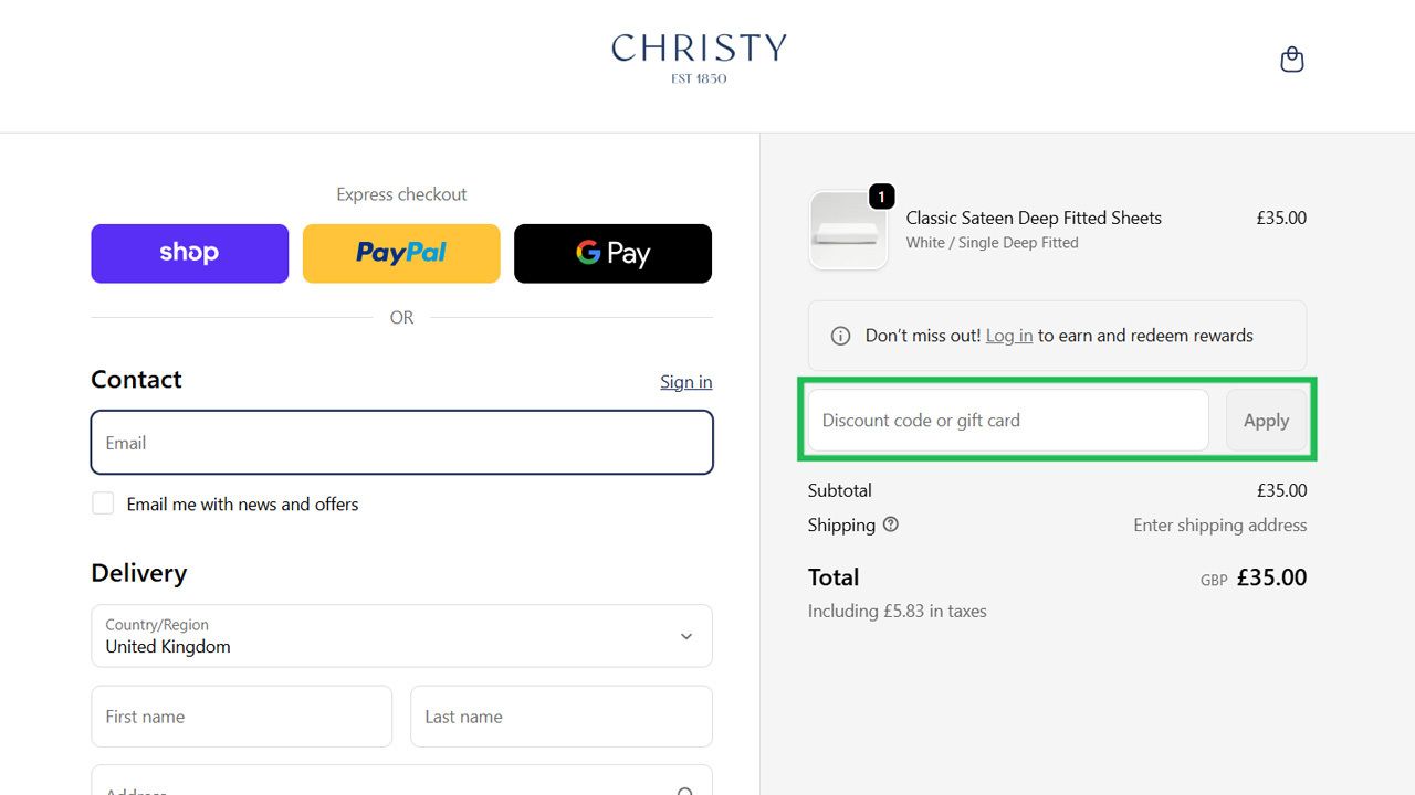 Christy checkout page showing product details, contact and delivery forms, and a highlighted "Discount code or gift card" input field.