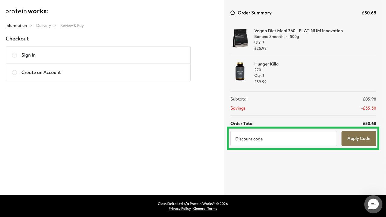 Protein Works checkout page with an order summary and a highlighted discount code entry field.