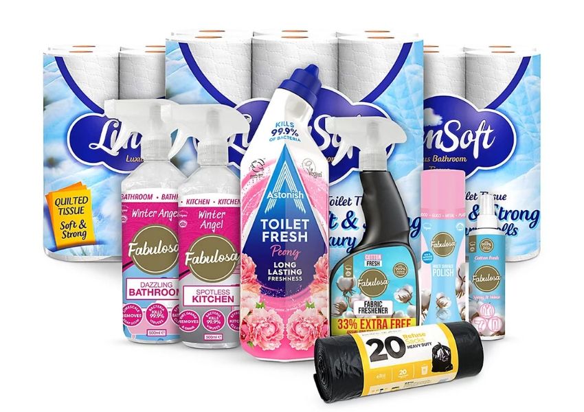 A collection of cleaning supplies including LinSoft toilet paper, various Fabulosa cleaning sprays and polish, Astonish toilet cleaner, and Fabulosa refuse sacks.