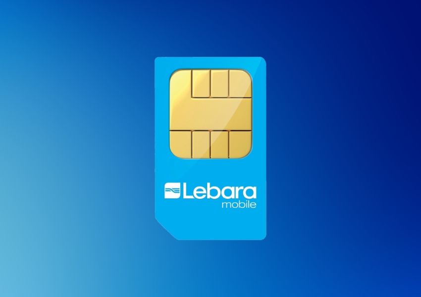 A blue Lebara mobile SIM card with a gold chip on a blue gradient background.