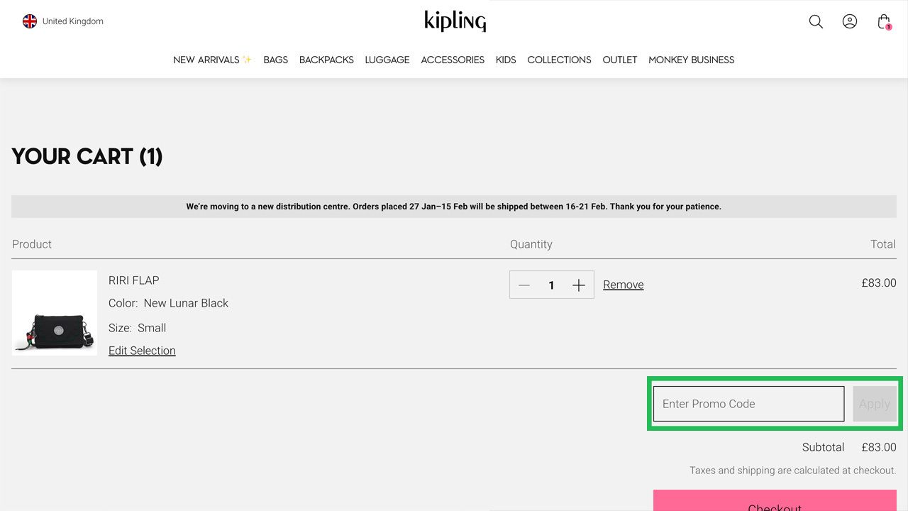 Kipling shopping cart page displaying a black RIRI FLAP bag, total £83.00, and an empty promo code field.