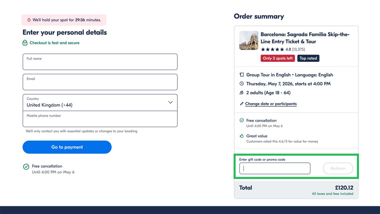 Checkout page for a Sagrada Familia tour showing a personal details form, order summary, and a gift code entry field.
