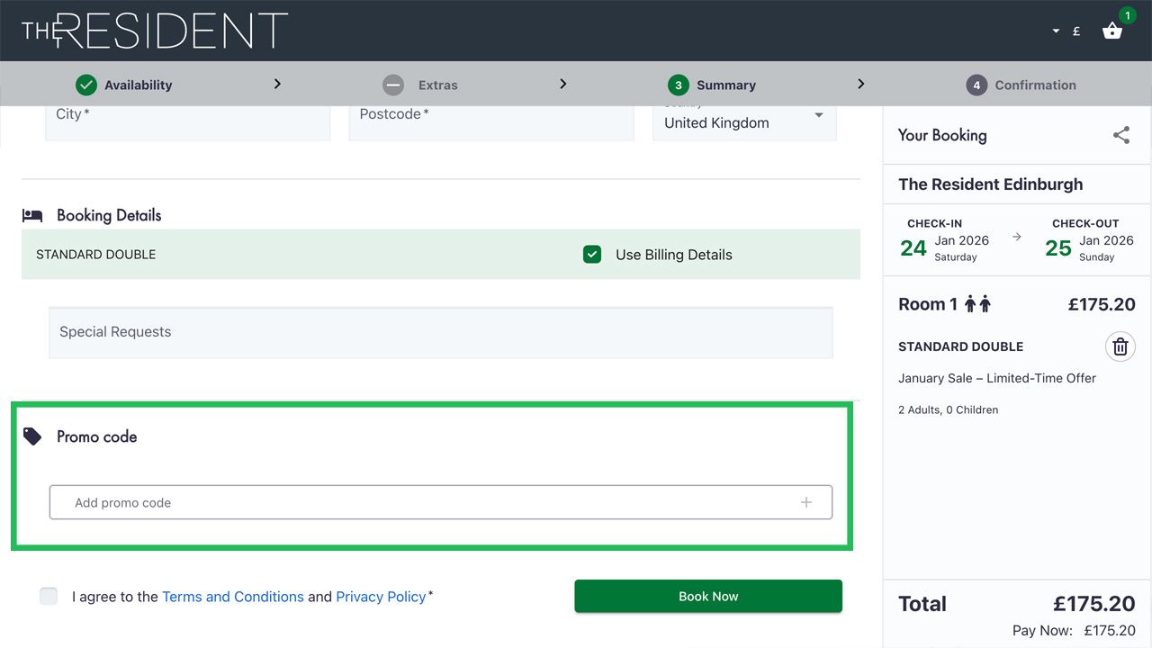 A hotel booking page with a highlighted promo code input field.