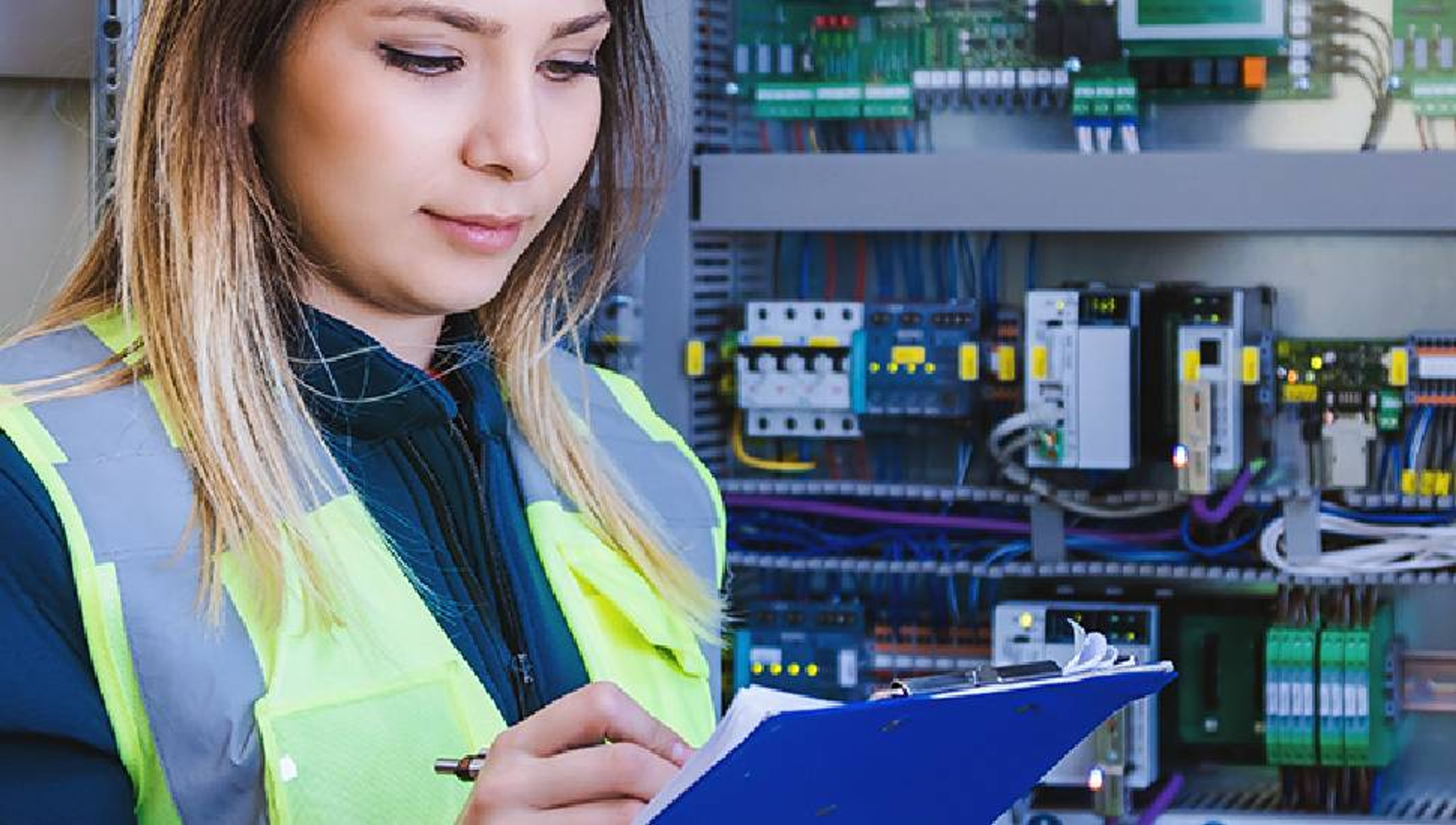 A woman in a high-visibility vest writes on a clipboard in front of an electrical control panel.
