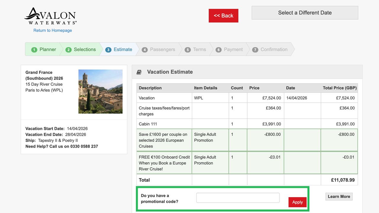 Avalon Waterways vacation estimate page for a Grand France river cruise with a scenic photo, detailing costs, a total of £11,078.99, and a promotional code field.