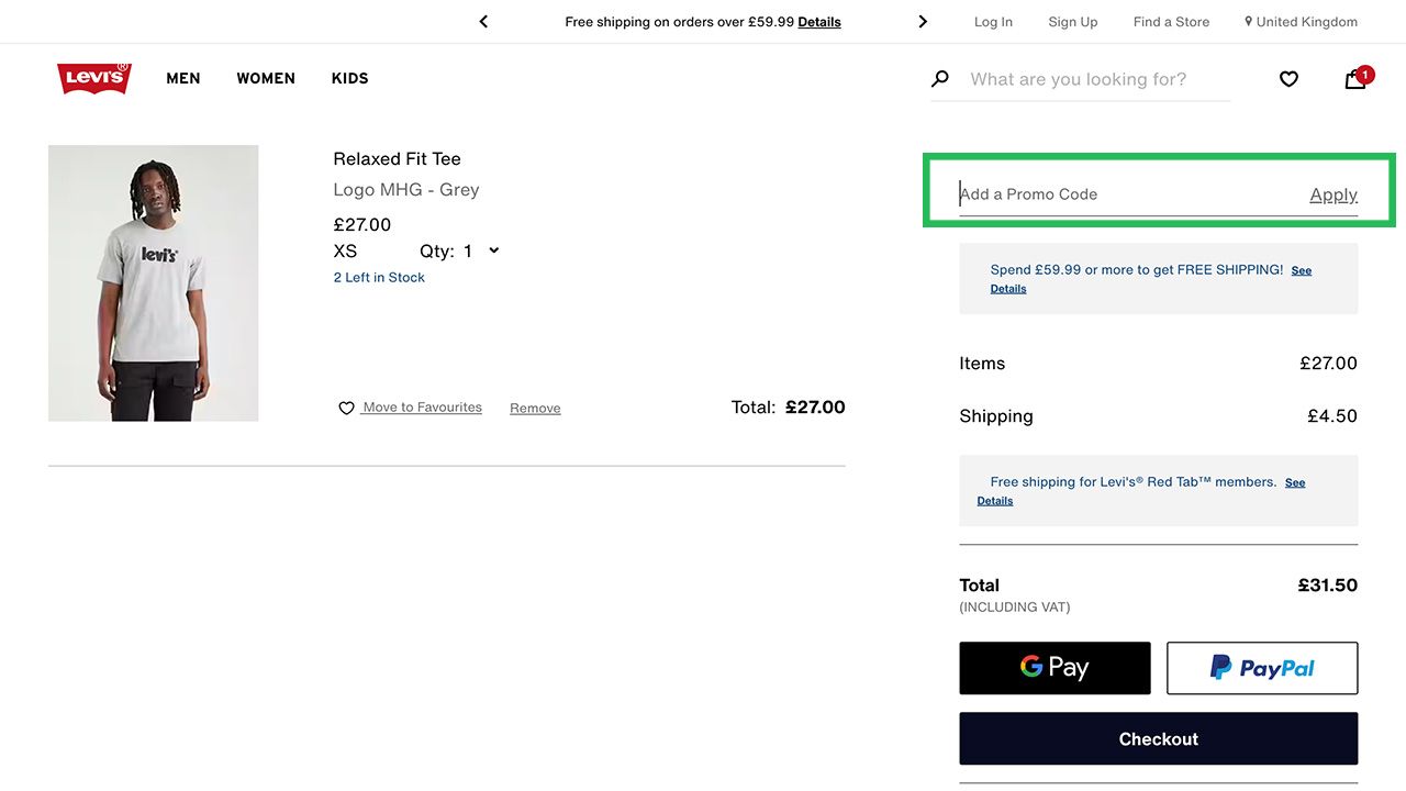 Where to enter your Levis discount code