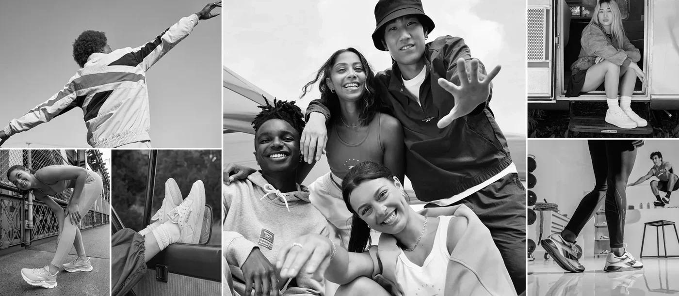 Black and white collage featuring diverse young people in casual and athletic wear, highlighting various sneakers.