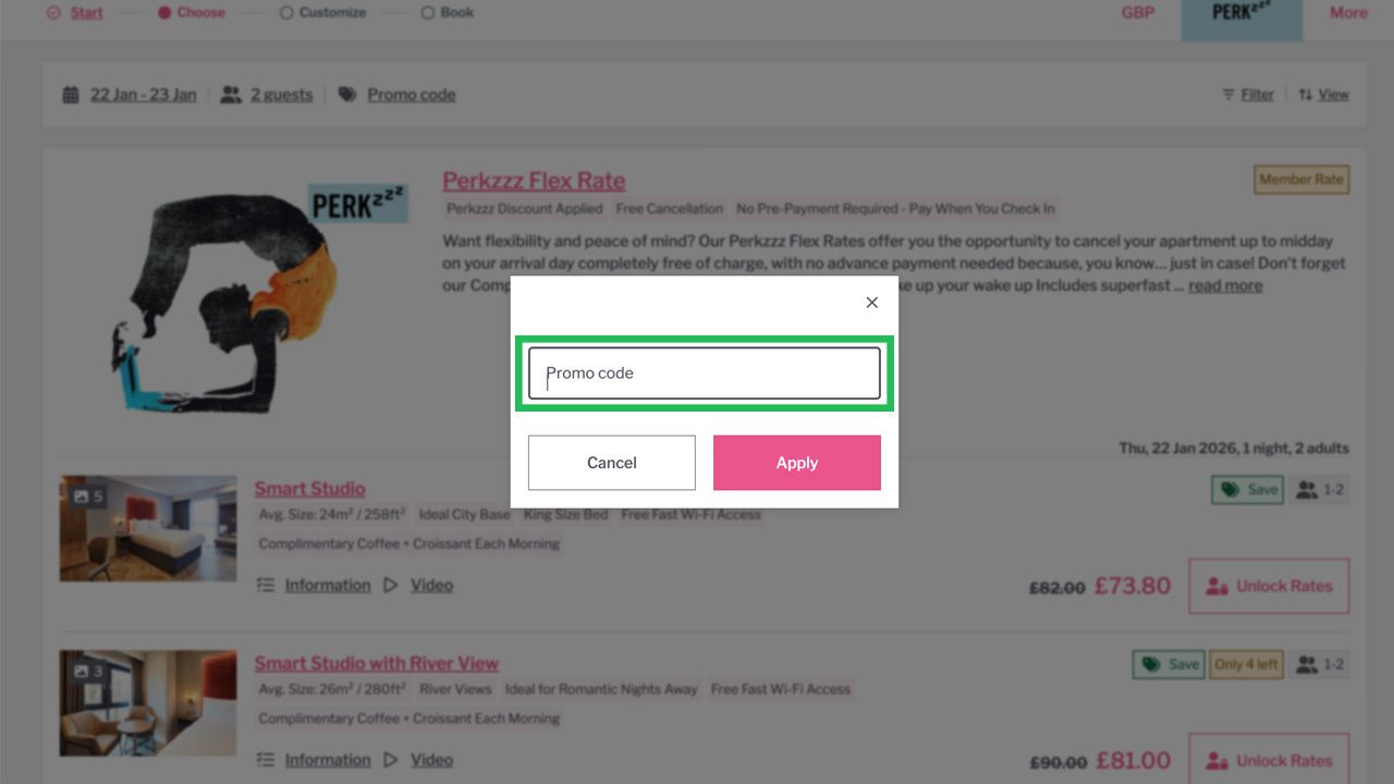 A modal dialog on a booking website asking for a promo code, with an input field and Apply and Cancel buttons.