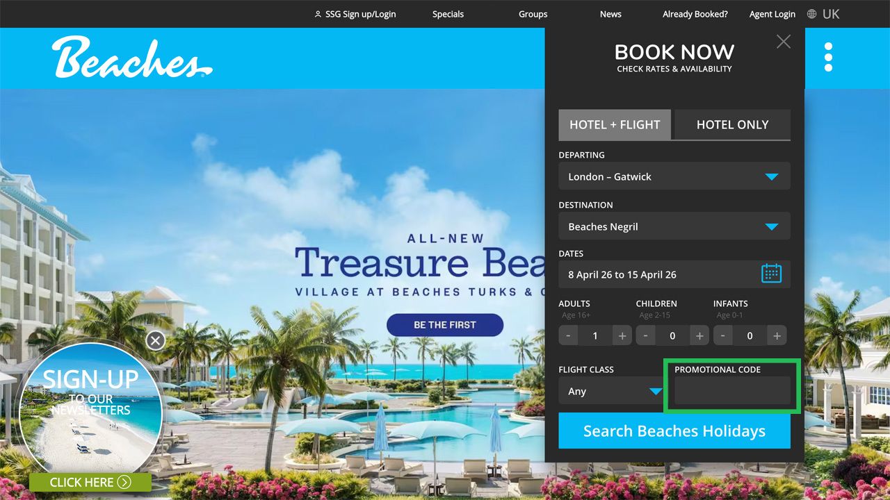 Beaches resort website booking form with 'Beaches Negril' selected and an empty 'PROMOTIONAL CODE' field highlighted.