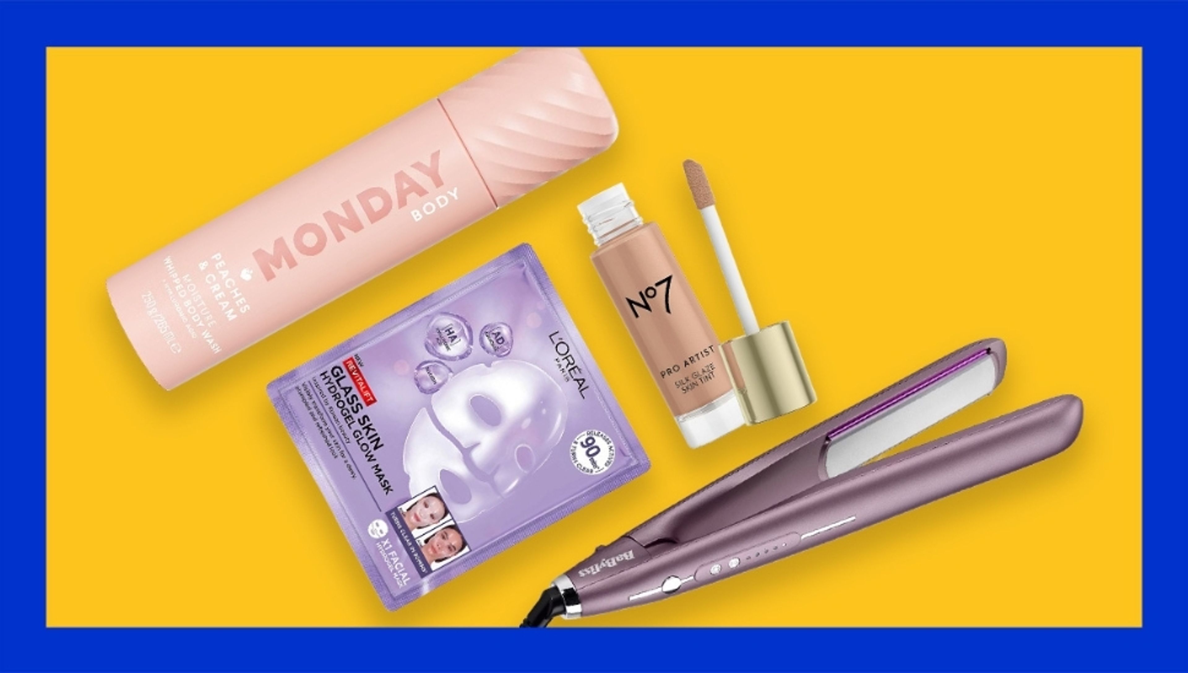 A pink bottle of Monday Body wash, a L'Oréal face mask, No7 foundation, and a purple BaByliss hair straightener on a yellow background.